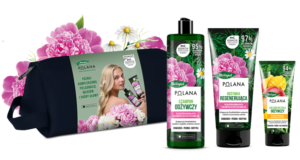 Zestaw prezentowy do pielęgnacji włosów i ciała z kosmetyczką (szampon, odżywka, krem do rąk)
